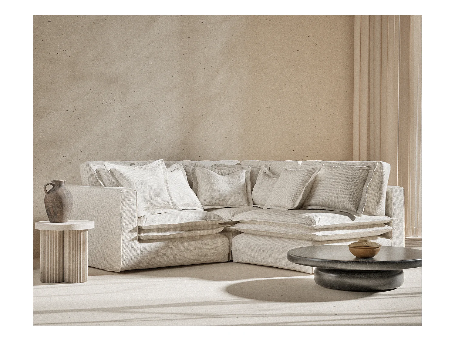 Ecksofa aus Chenille-Stoff Amalfi - Fünf-Personen - creme