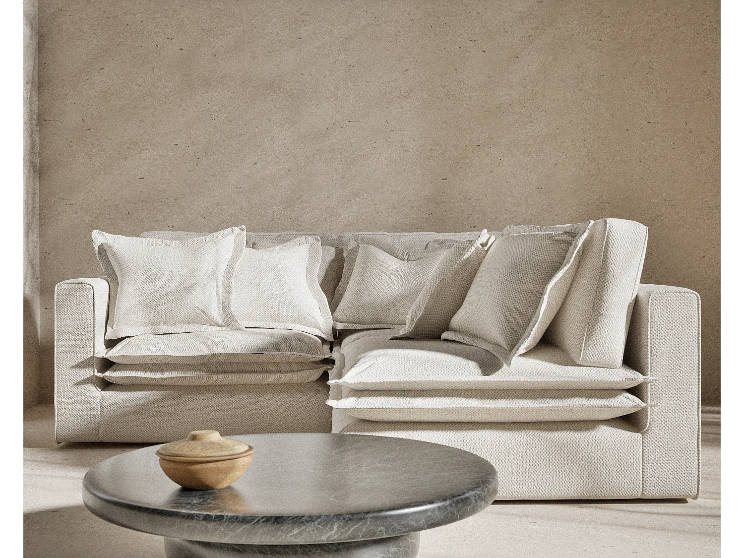 Canapé d'angle en tissu chenille Amalfi - 5 places - creme