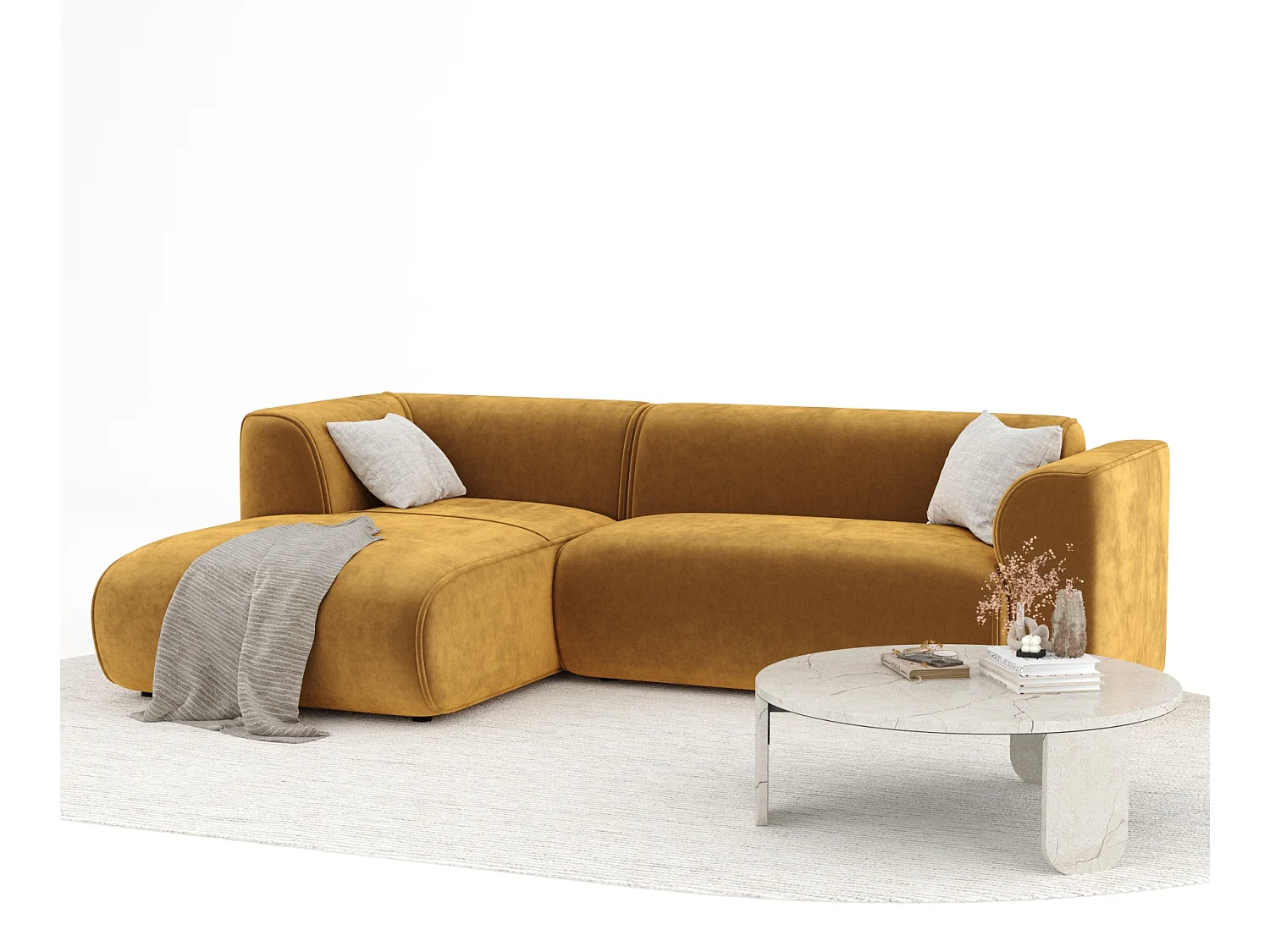 Canapé d'angle en tissu velours Melani - 4 places - jaune moutarde