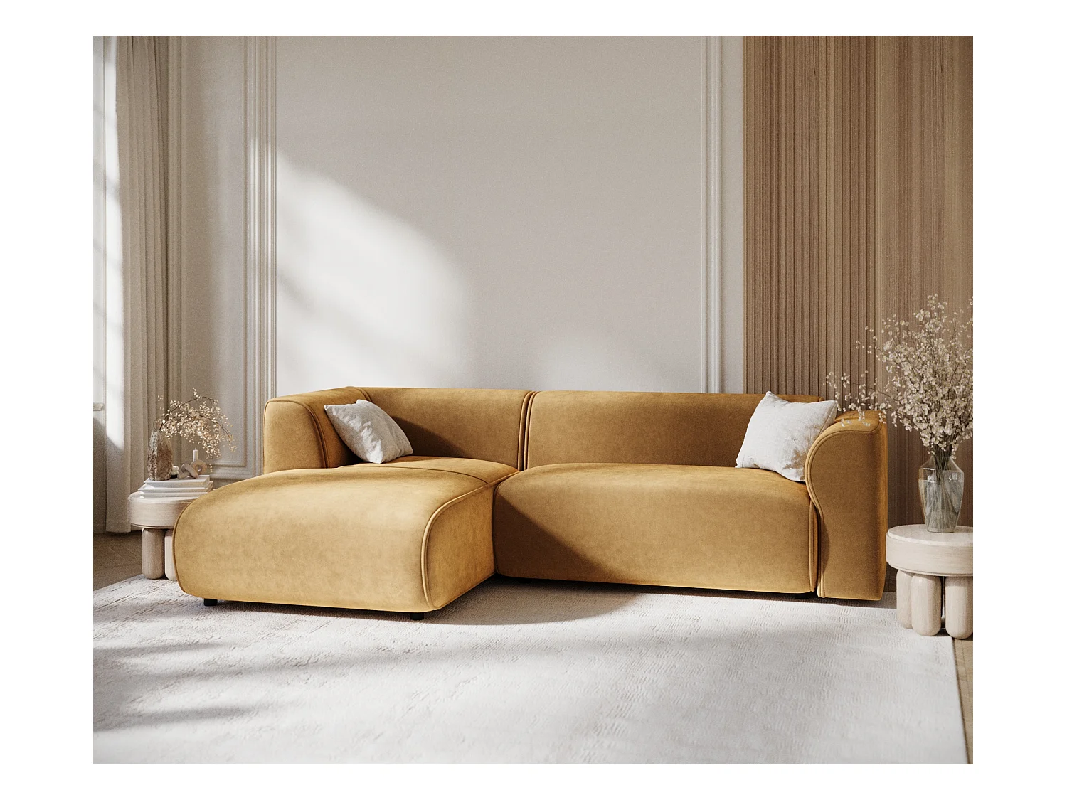 Canapé d'angle en tissu velours Melani - 4 places - jaune moutarde