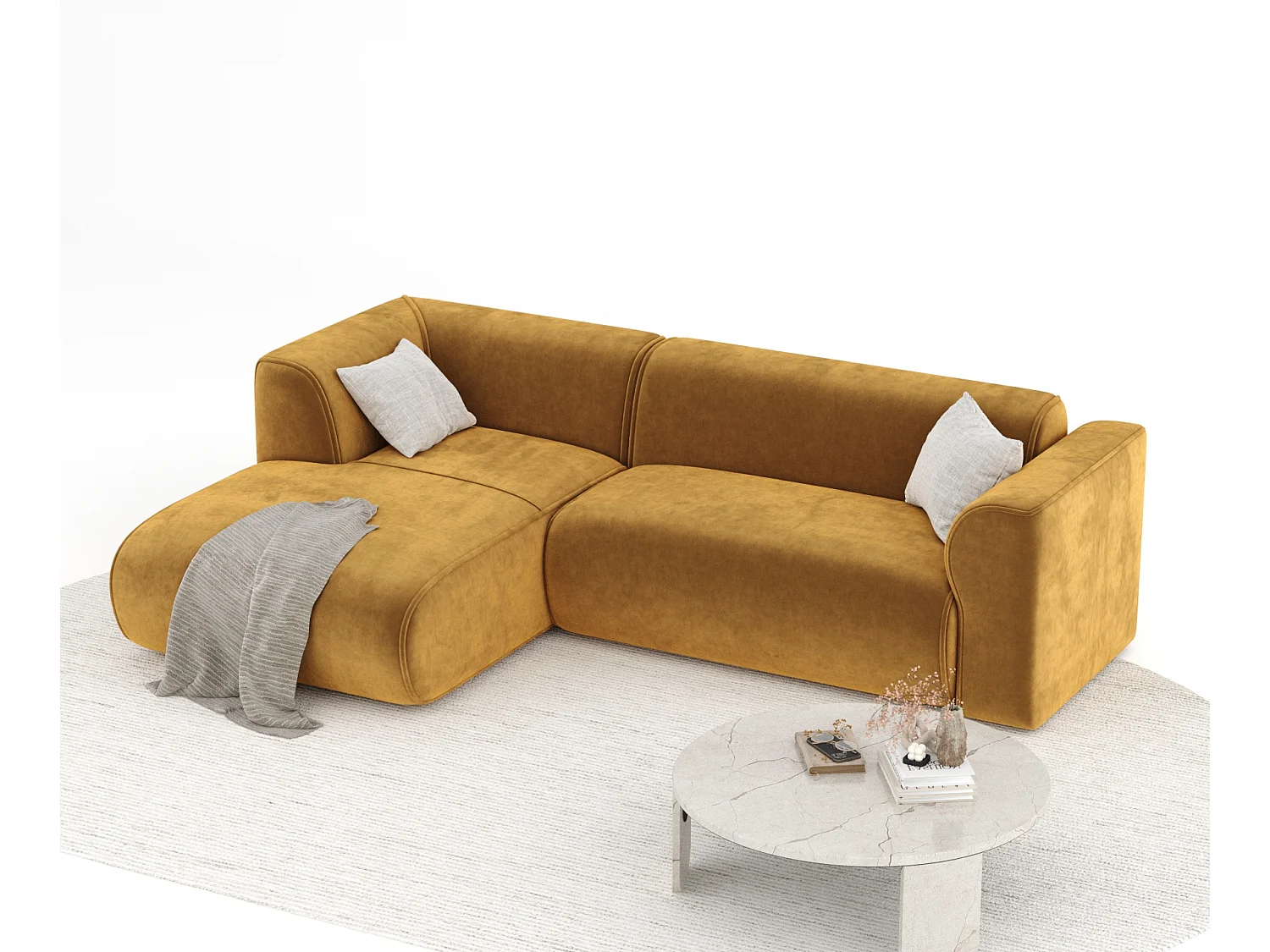 Canapé d'angle en tissu velours Melani - 4 places - jaune moutarde