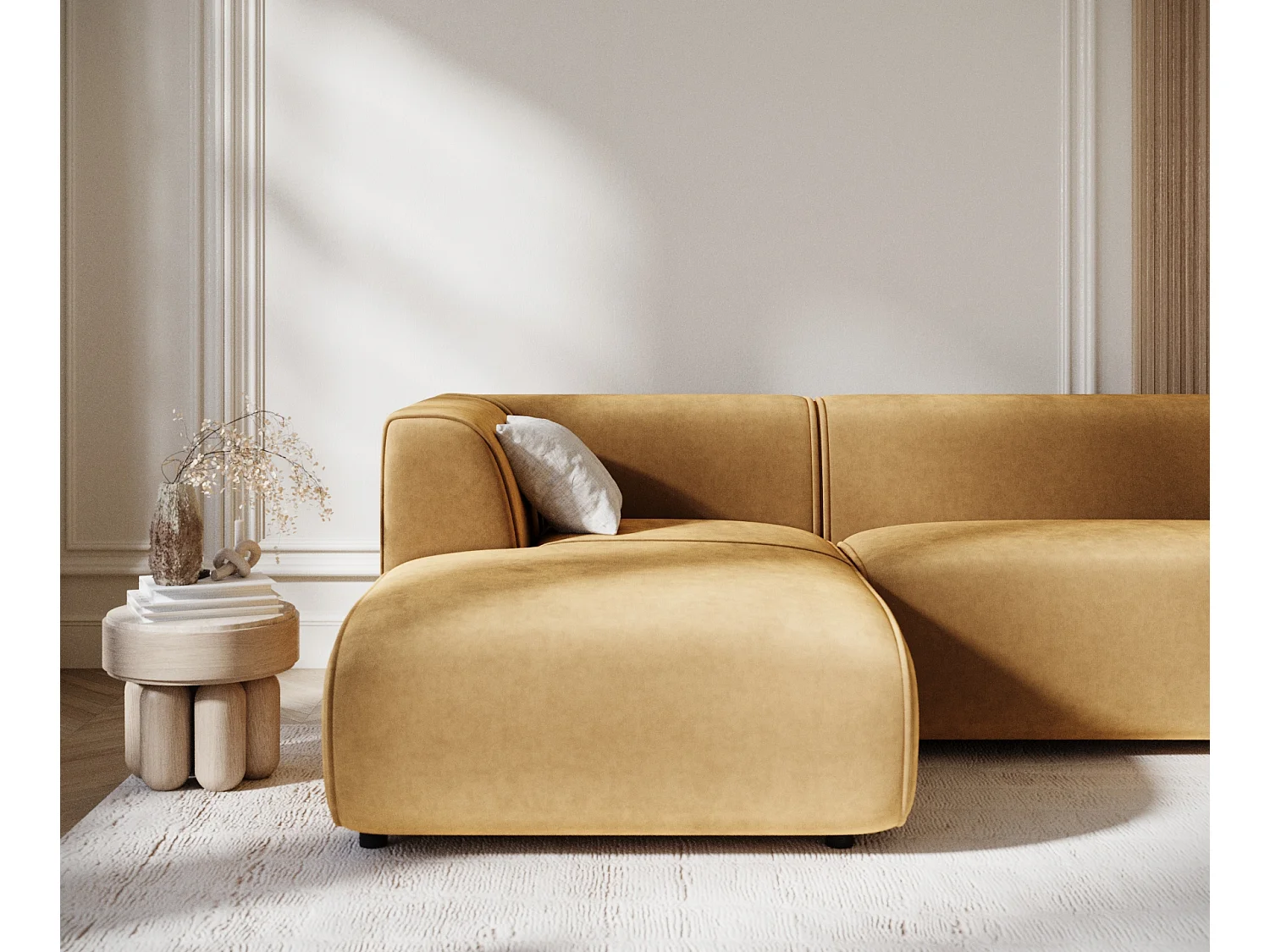 Canapé d'angle en tissu velours Melani - 4 places - jaune moutarde