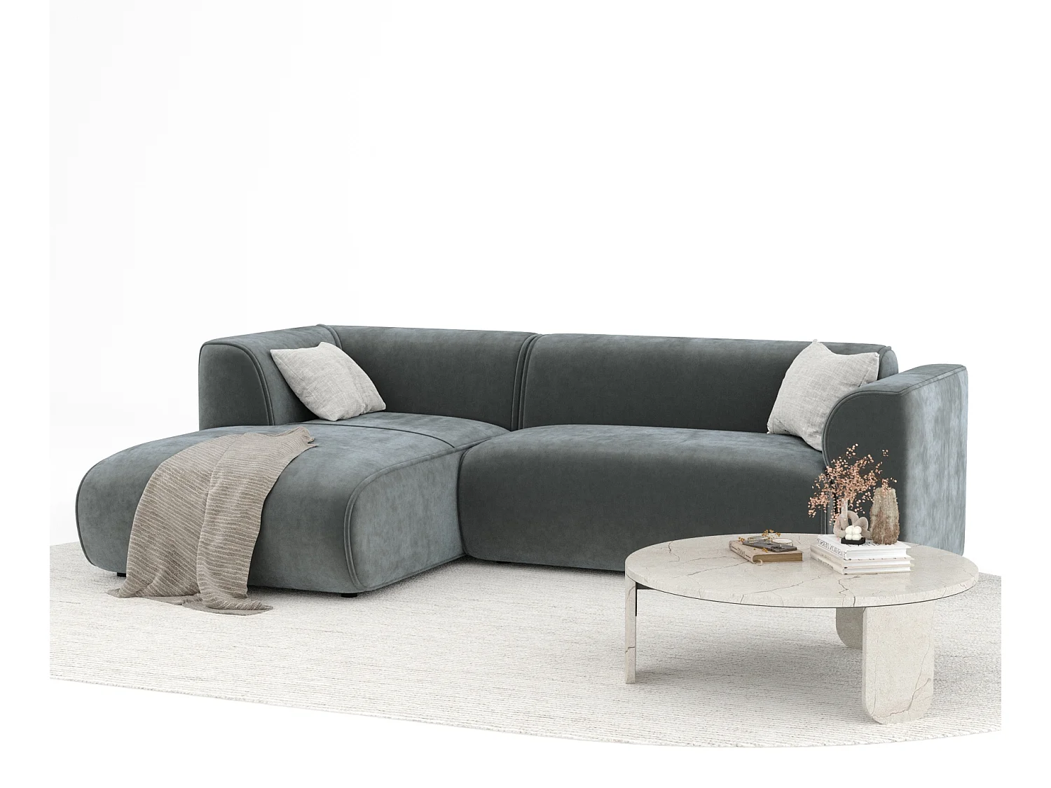 Canapé d'angle en tissu velours Melani - 4 places - gris