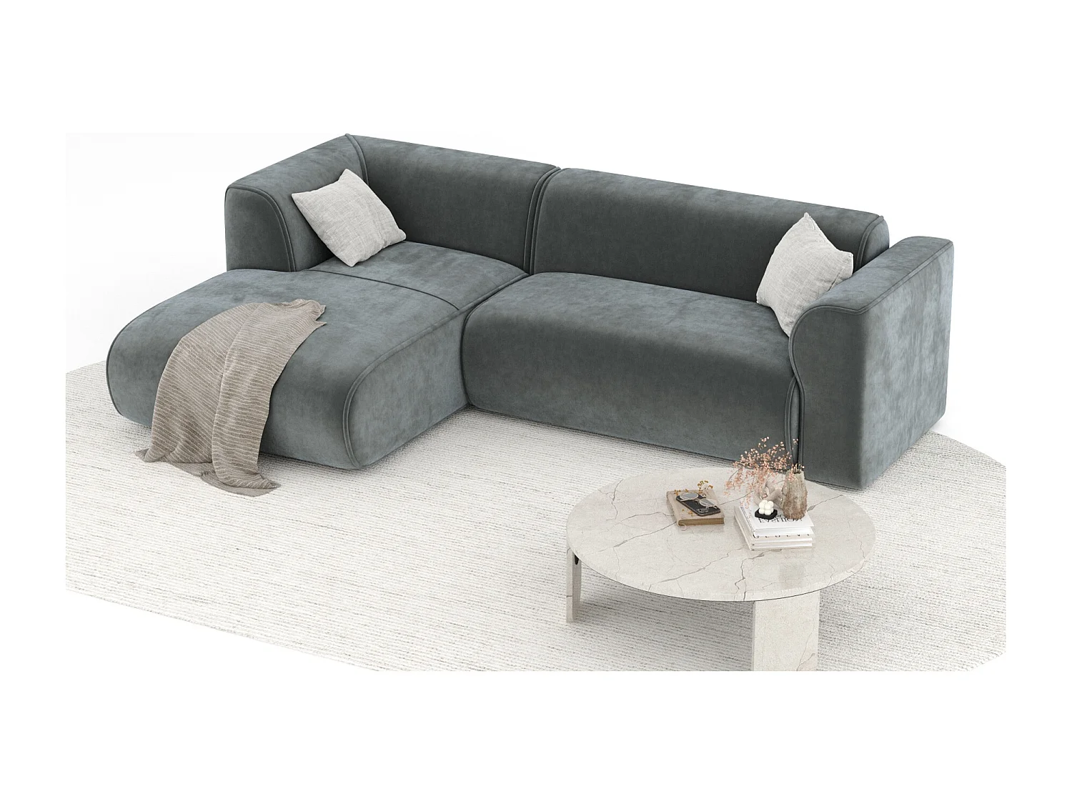 Canapé d'angle en tissu velours Melani - 4 places - gris