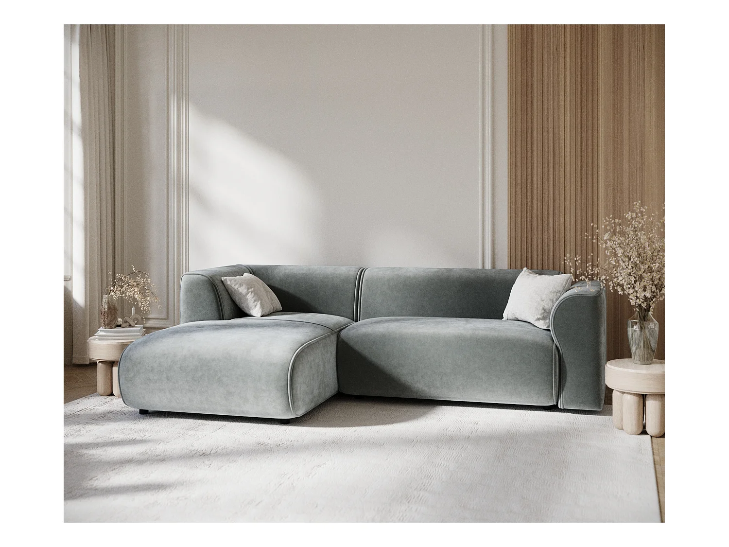 Canapé d'angle en tissu velours Melani - 4 places - gris