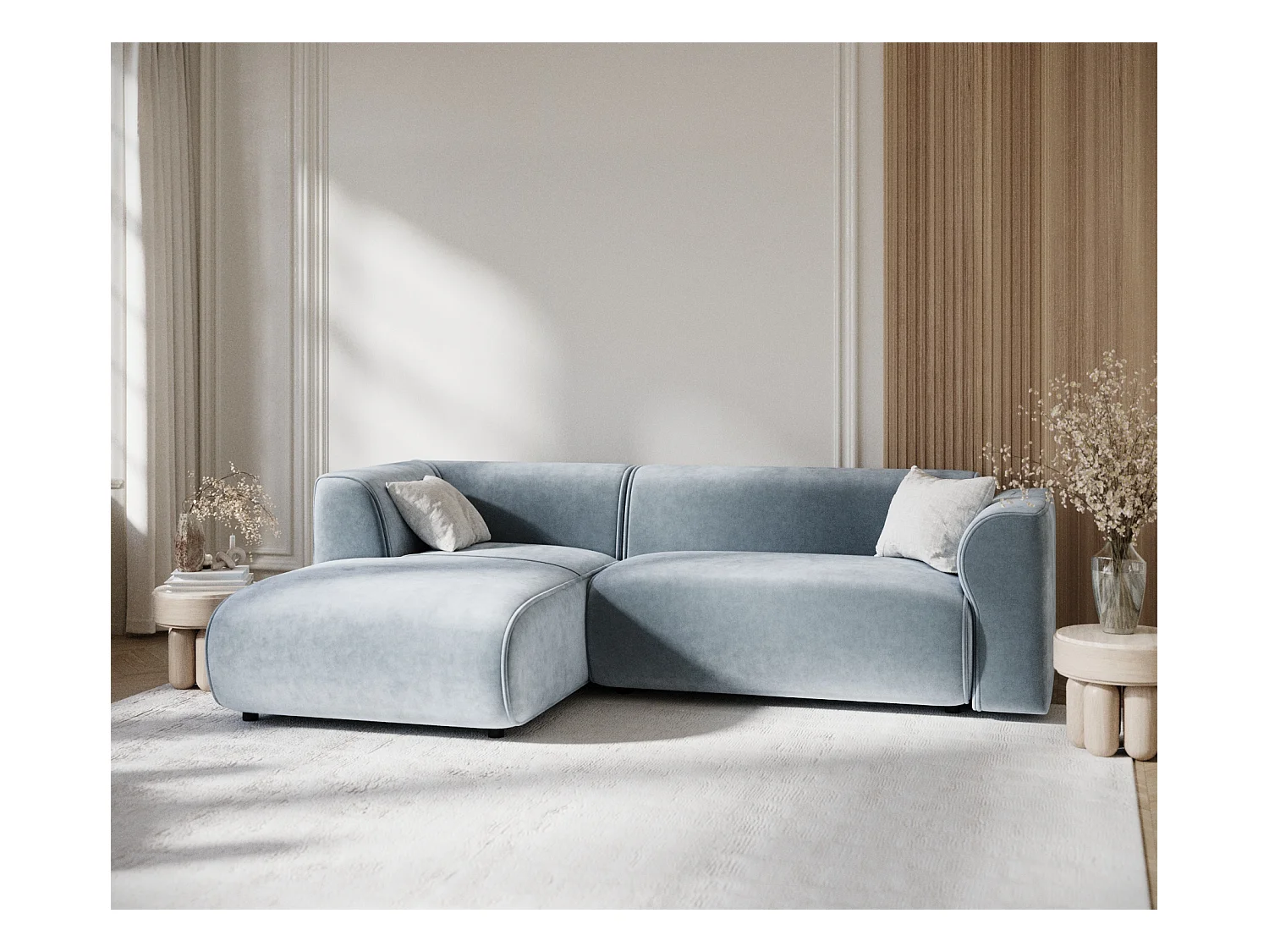 Canapé d'angle en tissu velours Melani - 4 places - bleu