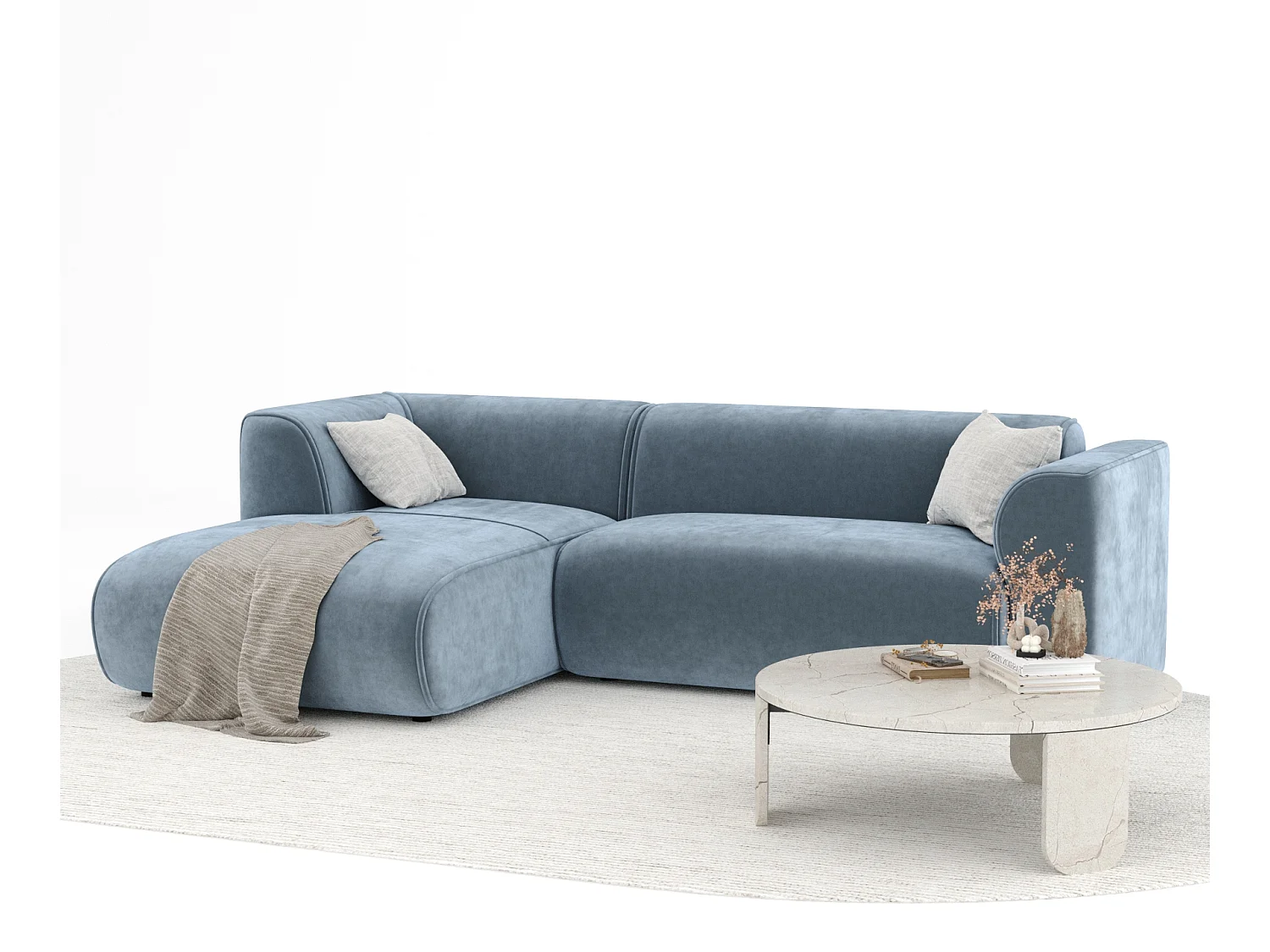 Canapé d'angle en tissu velours Melani - 4 places - bleu