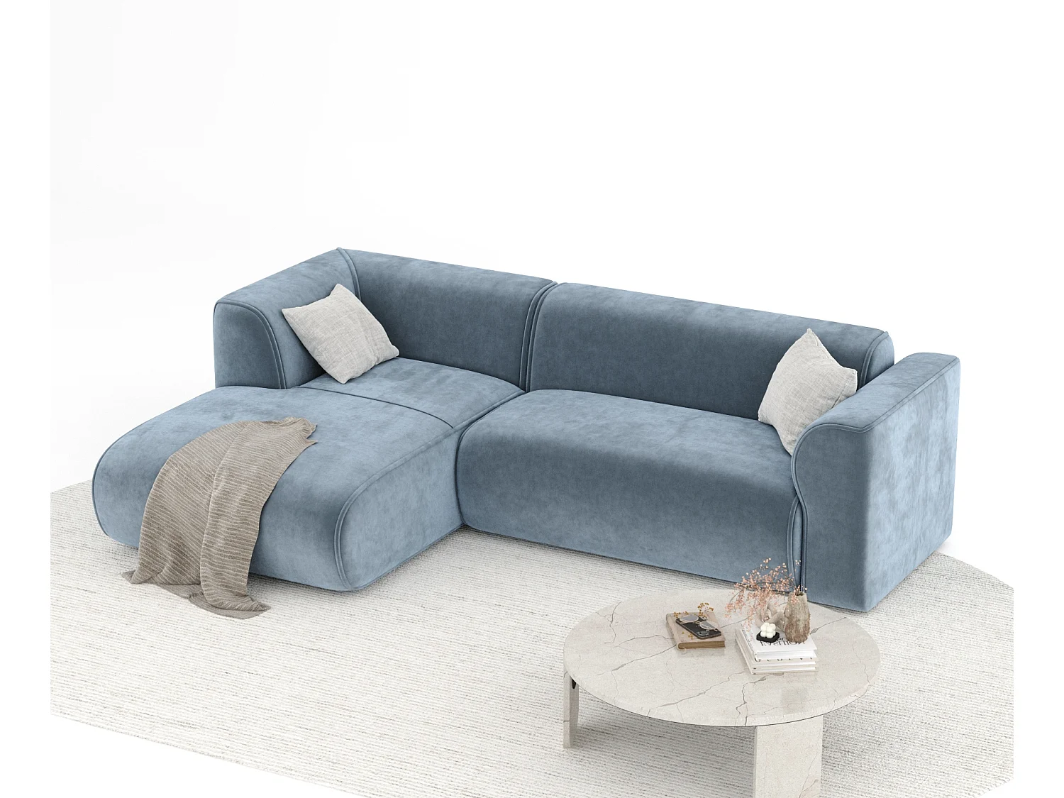 Canapé d'angle en tissu velours Melani - 4 places - bleu