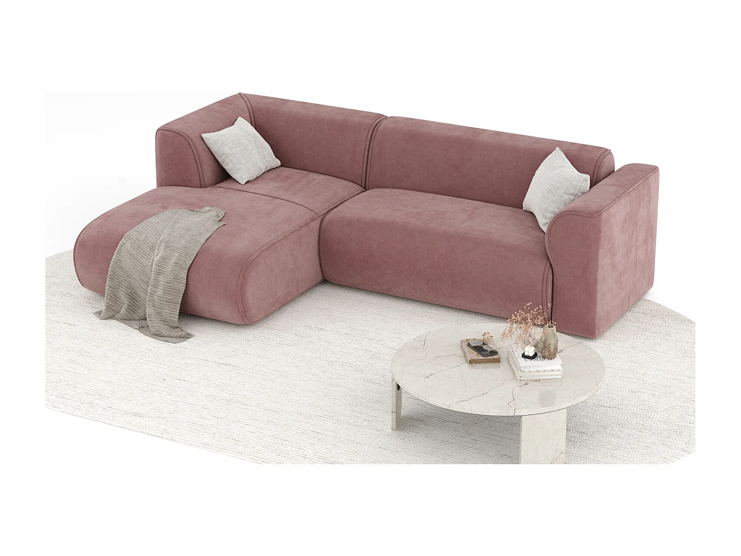 Canapé d'angle en tissu velours Melani - 4 places - rose