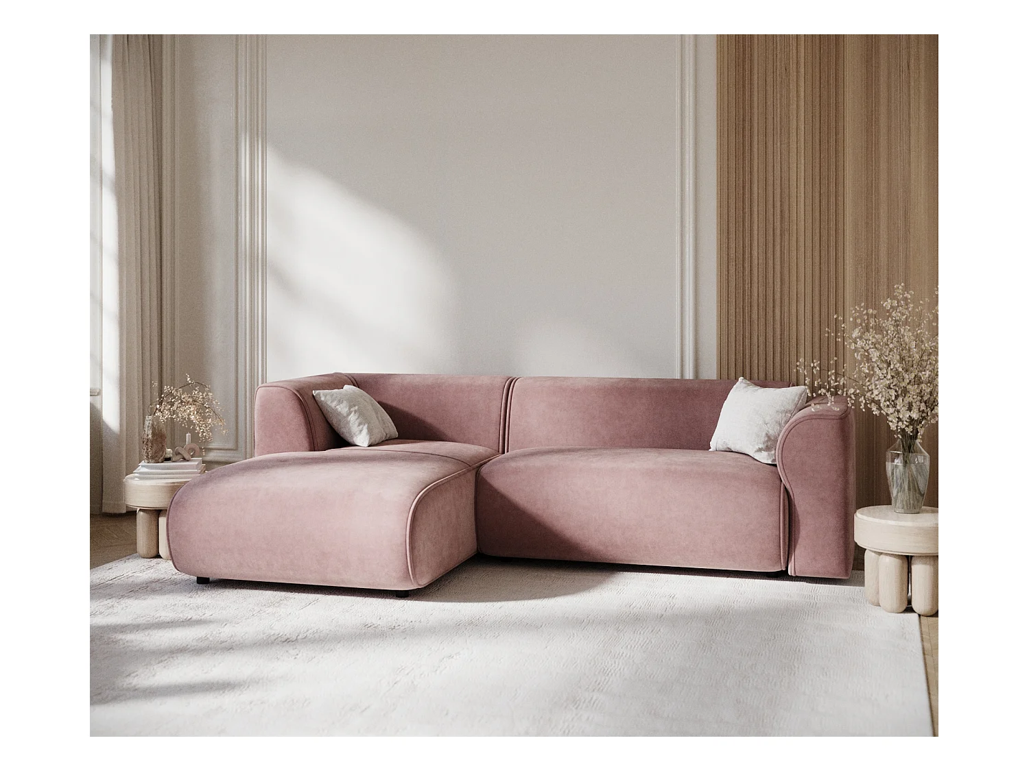 Canapé d'angle en tissu velours Melani - 4 places - rose