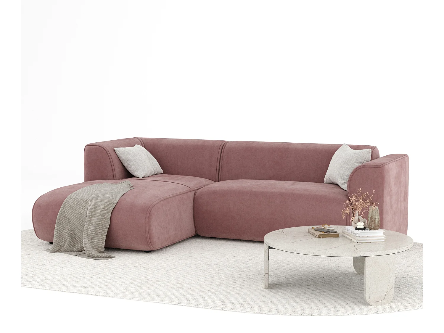 Canapé d'angle en tissu velours Melani - 4 places - rose