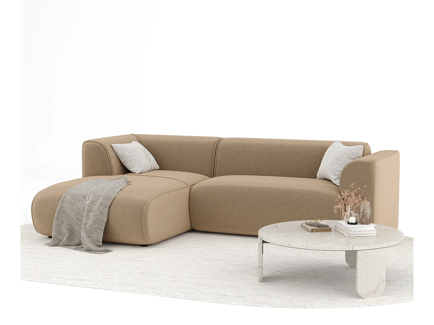 Canapé d'angle en tissu velours Melani - 4 places - beige