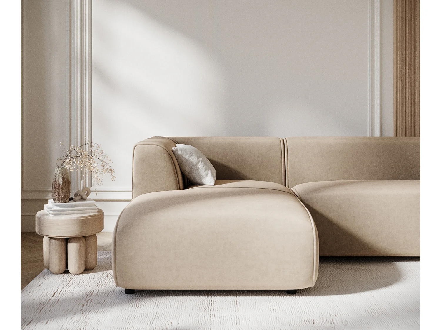 Canapé d'angle en tissu velours Melani - 4 places - beige