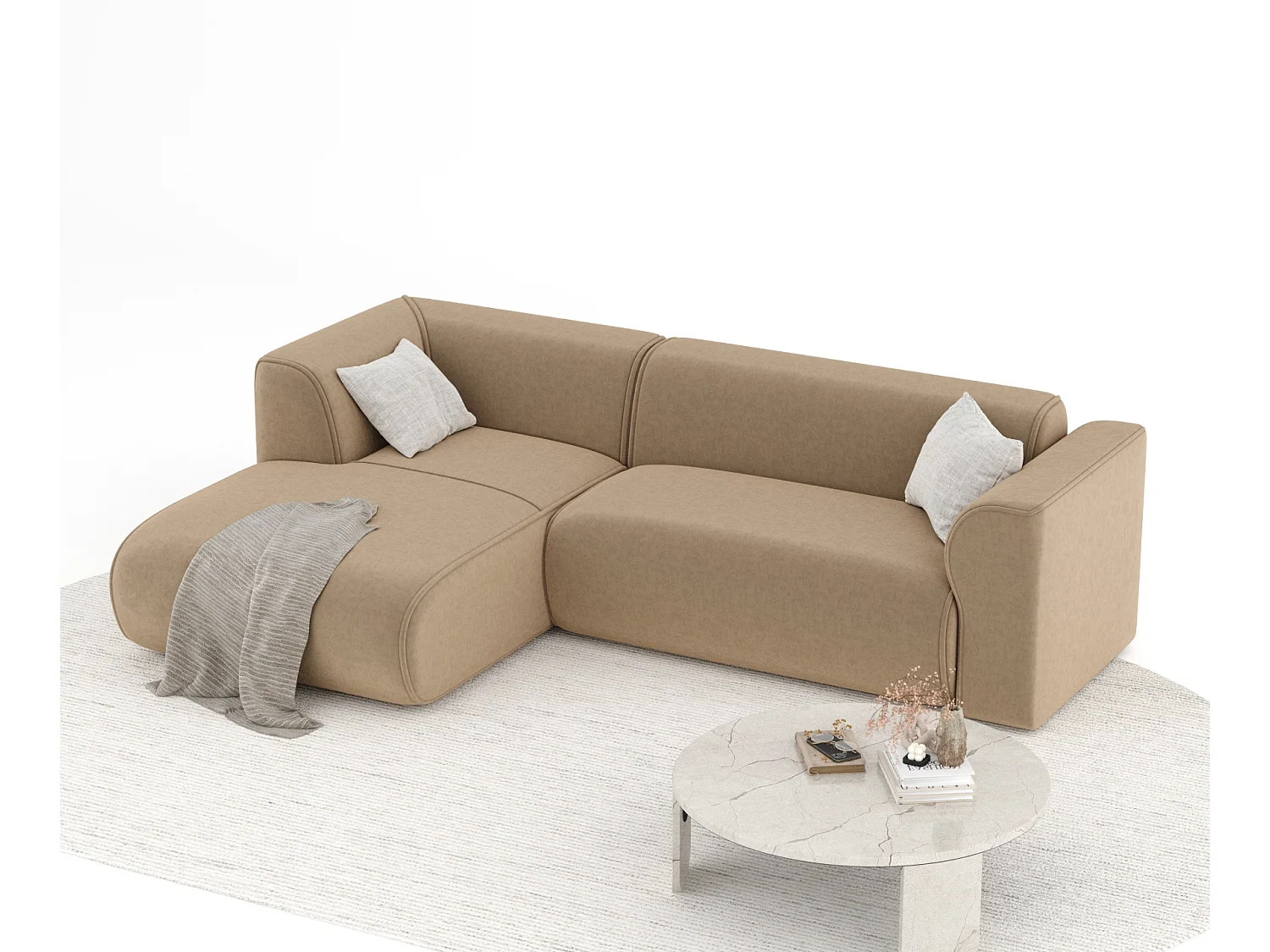 Canapé d'angle en tissu velours Melani - 4 places - beige