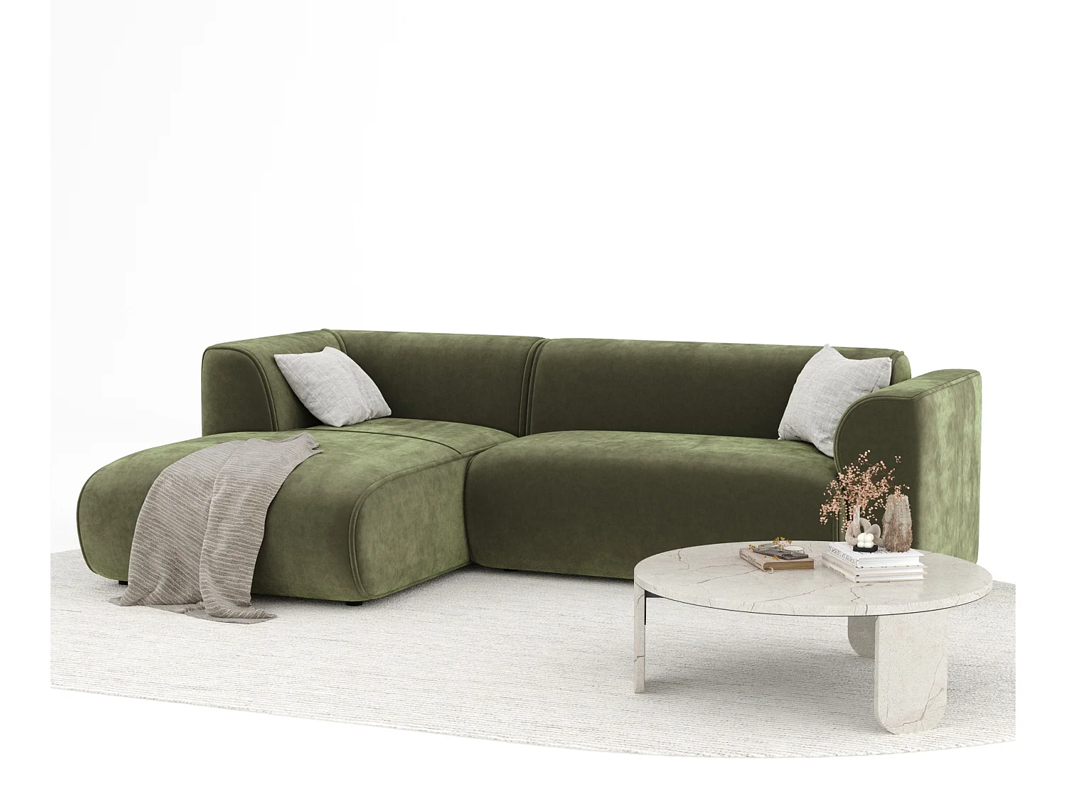 Canapé d'angle en tissu velours Melani - 4 places - vert olive