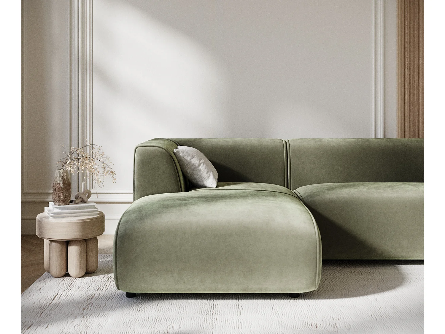 Canapé d'angle en tissu velours Melani - 4 places - vert olive