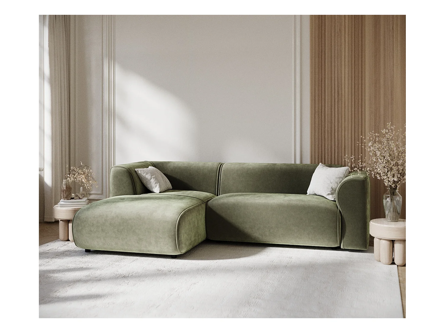 Canapé d'angle en tissu velours Melani - 4 places - vert olive