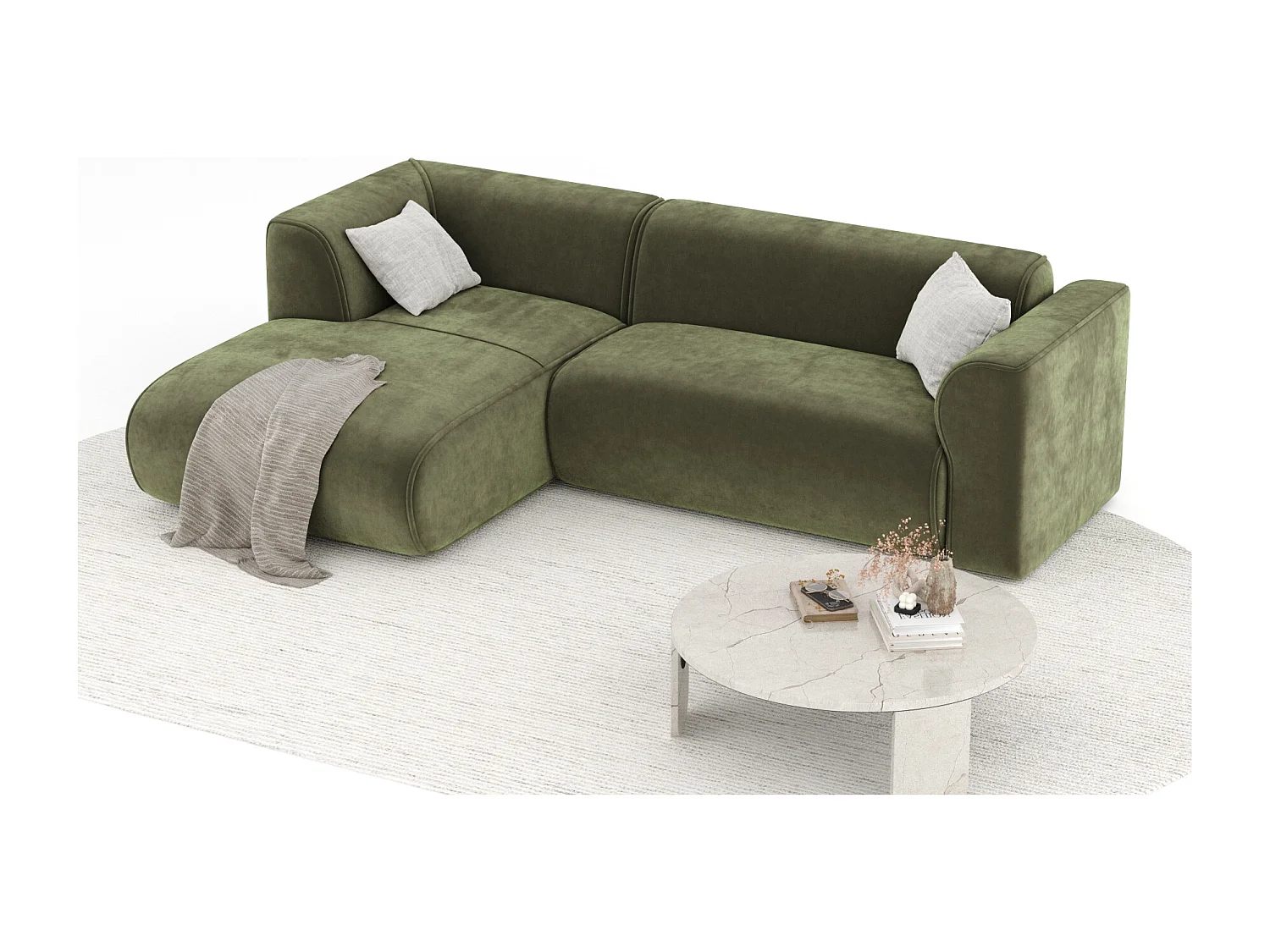 Canapé d'angle en tissu velours Melani - 4 places - vert olive