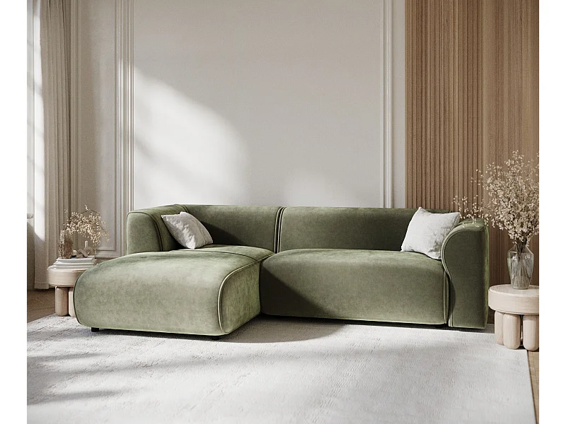 Canapé d'angle en tissu velours Melani - 4 places - vert olive