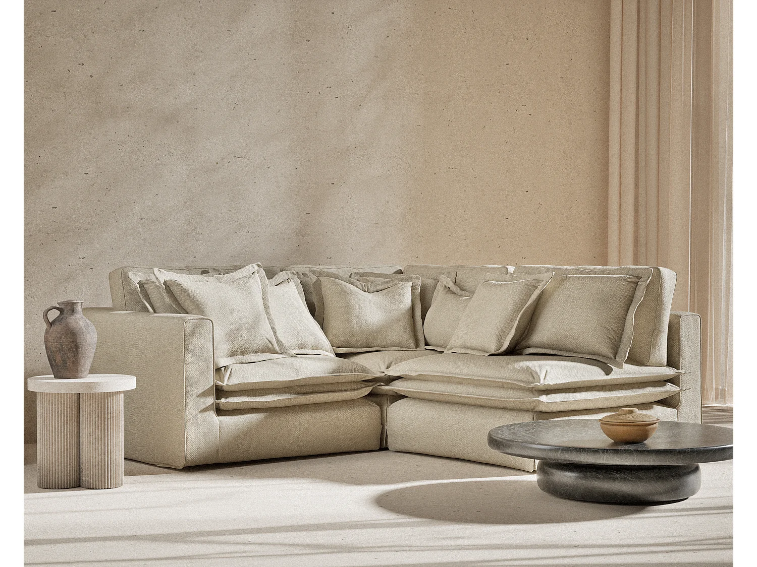 Canapé d'angle en tissu chenille Amalfi - 5 places - beige gris