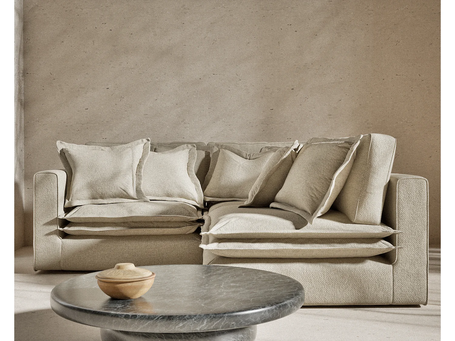 Canapé d'angle en tissu chenille Amalfi - 5 places - beige gris