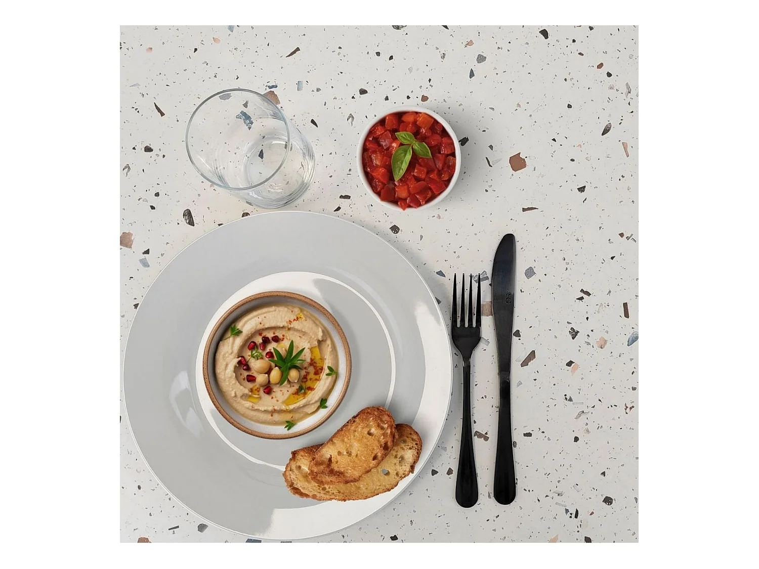 Klappbarer Terrassentisch im Compact HPL TerrazzoDekor 70 x 70