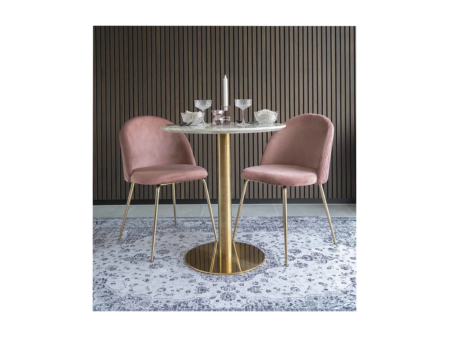 Table à manger ronde PIZA – Effet marbre blanc et pied laiton doré-Diamètre 70 cm