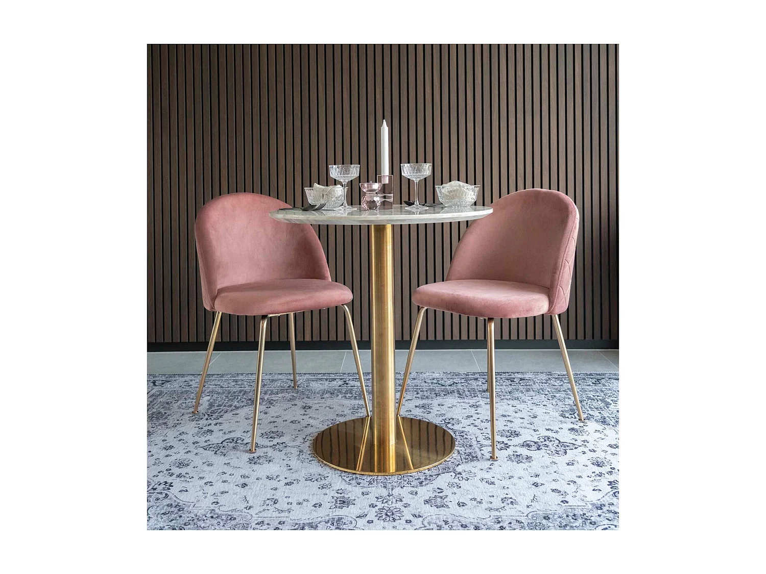 Table à manger ronde PIZA – Effet marbre blanc et pied laiton doré-Diamètre 70 cm