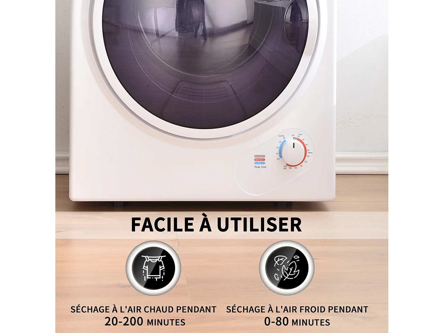 Sèche-linge hublot 2,5kg - chauffage en céramique PTC - avec protection de surchauffe - max 65 °C - accrochable au mur