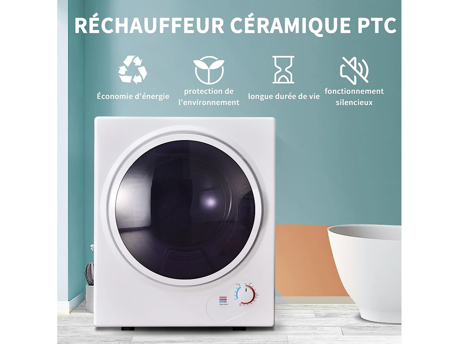 Sèche-linge hublot 2,5kg - chauffage en céramique PTC - avec protection de surchauffe - max 65 °C - accrochable au mur