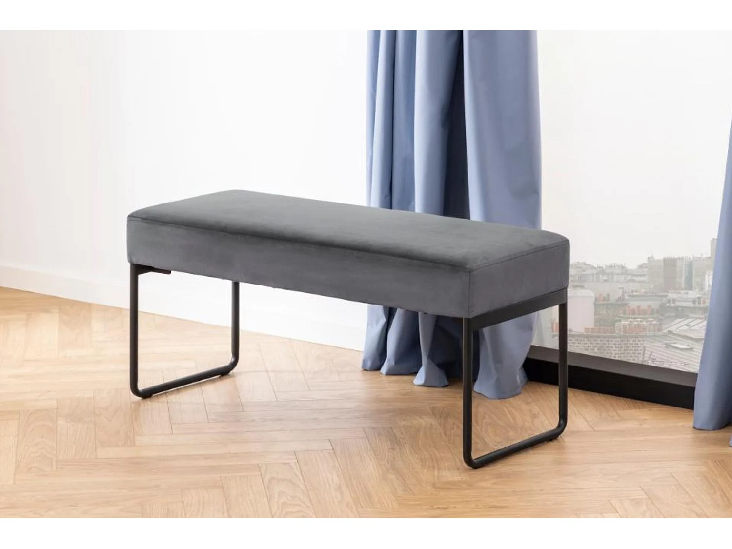 Banc en velours gris et pieds en métal L95 - VOLEK