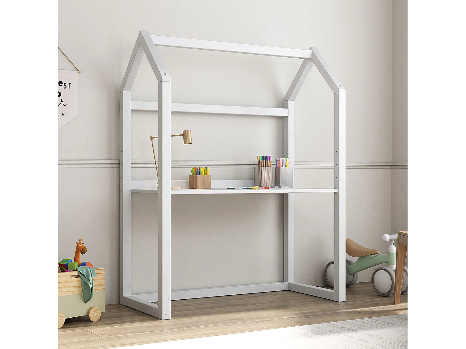 Bureau enfant évolutif TINA H 130 cm en bois massif blanc en forme de maison de type Montessori, avec plateau réglable