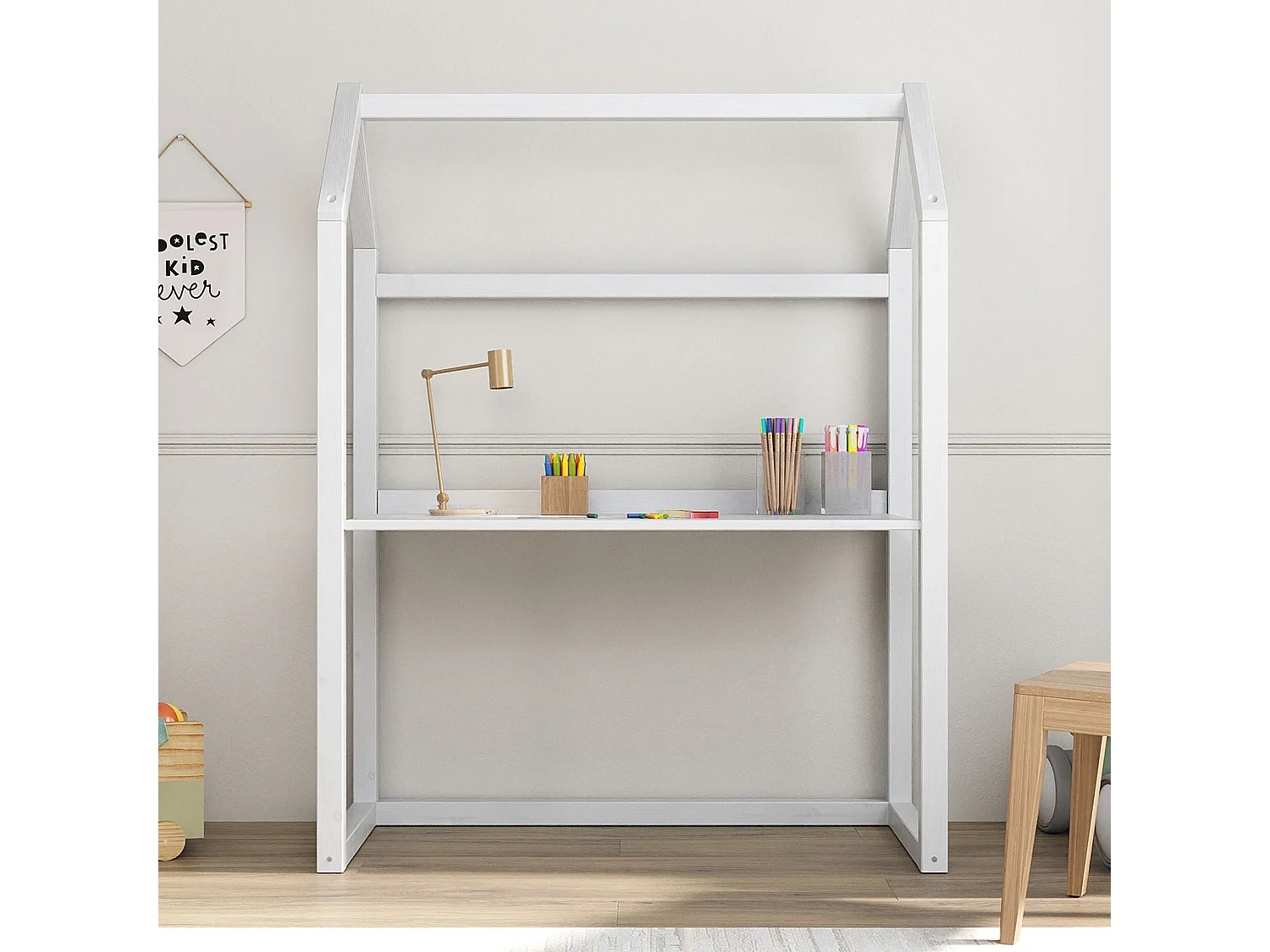 Bureau enfant évolutif TINA H 130 cm en bois massif blanc en forme de maison de type Montessori, avec plateau réglable