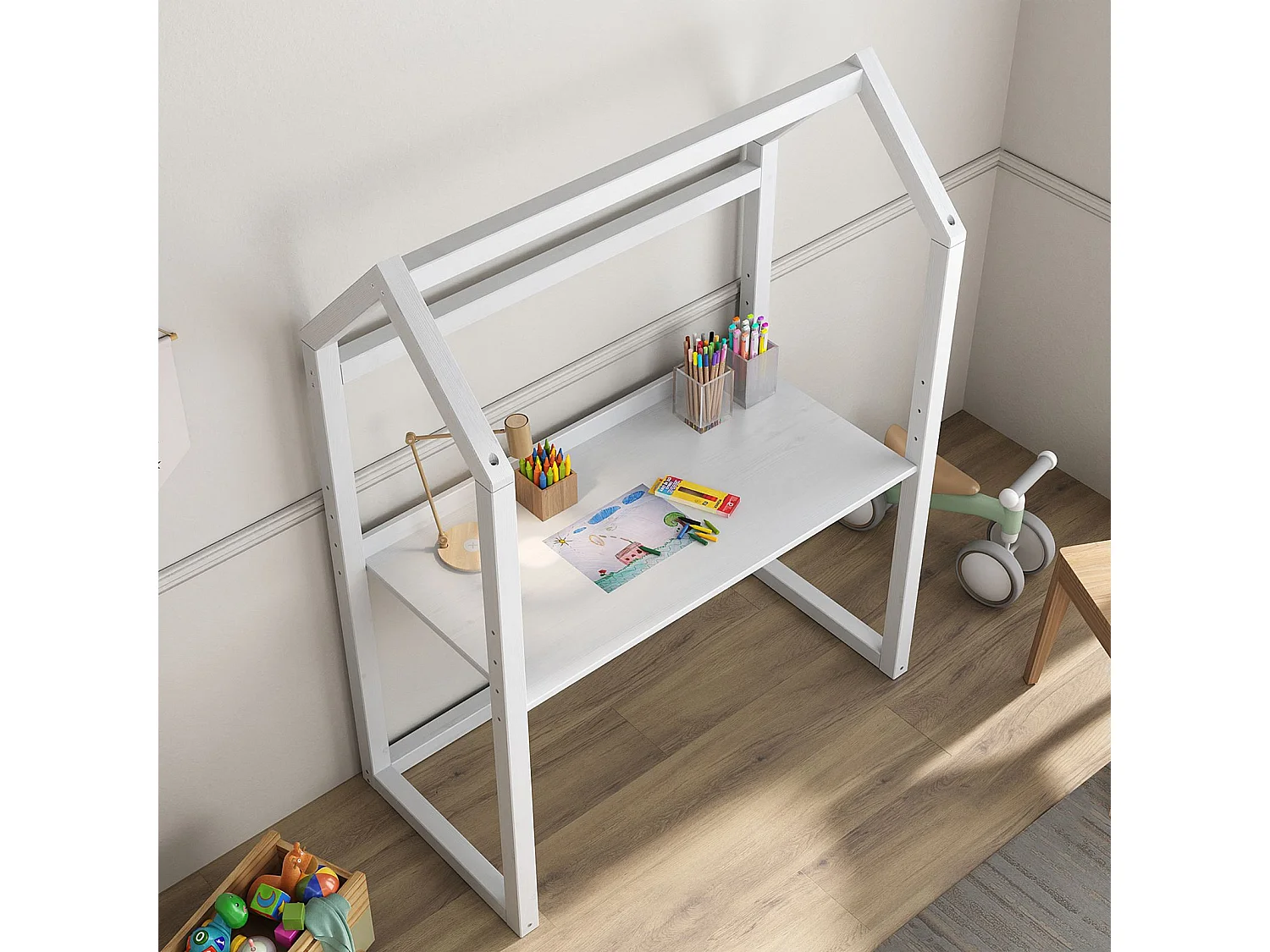 Bureau enfant évolutif TINA H 130 cm en bois massif blanc en forme de maison de type Montessori, avec plateau réglable