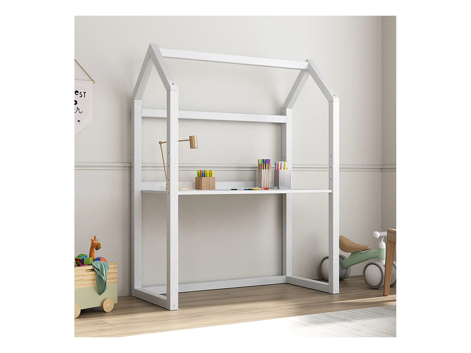 Bureau enfant évolutif TINA H 130 cm en bois massif blanc en forme de maison de type Montessori, avec plateau réglable