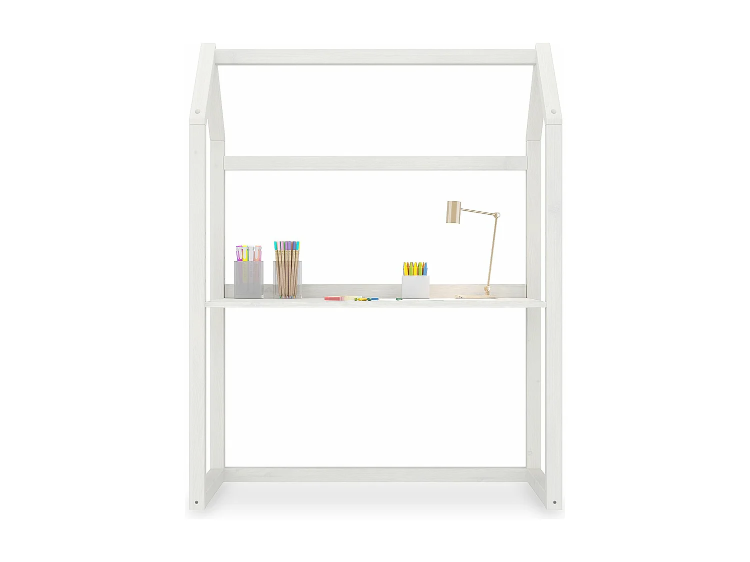 Bureau enfant évolutif TINA H 130 cm en bois massif blanc en forme de maison de type Montessori, avec plateau réglable