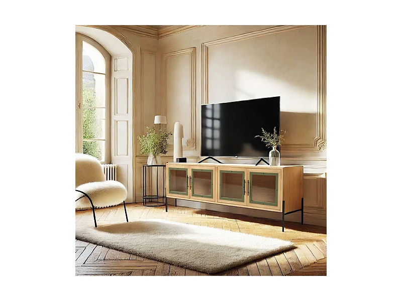 HELENA - Meuble TV 4 portes vitrées en bois de pin vert et métal noir