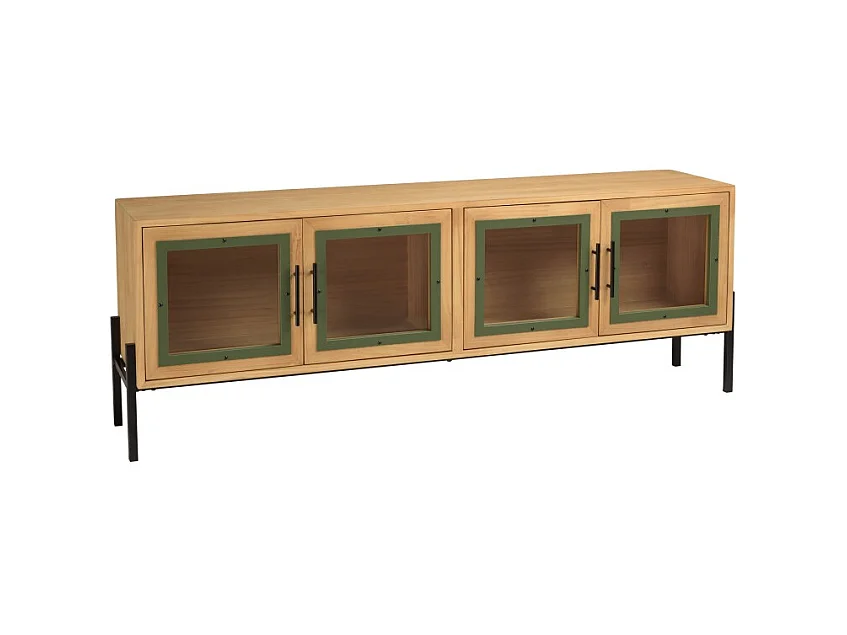 HELENA - Meuble TV 4 portes vitrées en bois de pin vert et métal noir