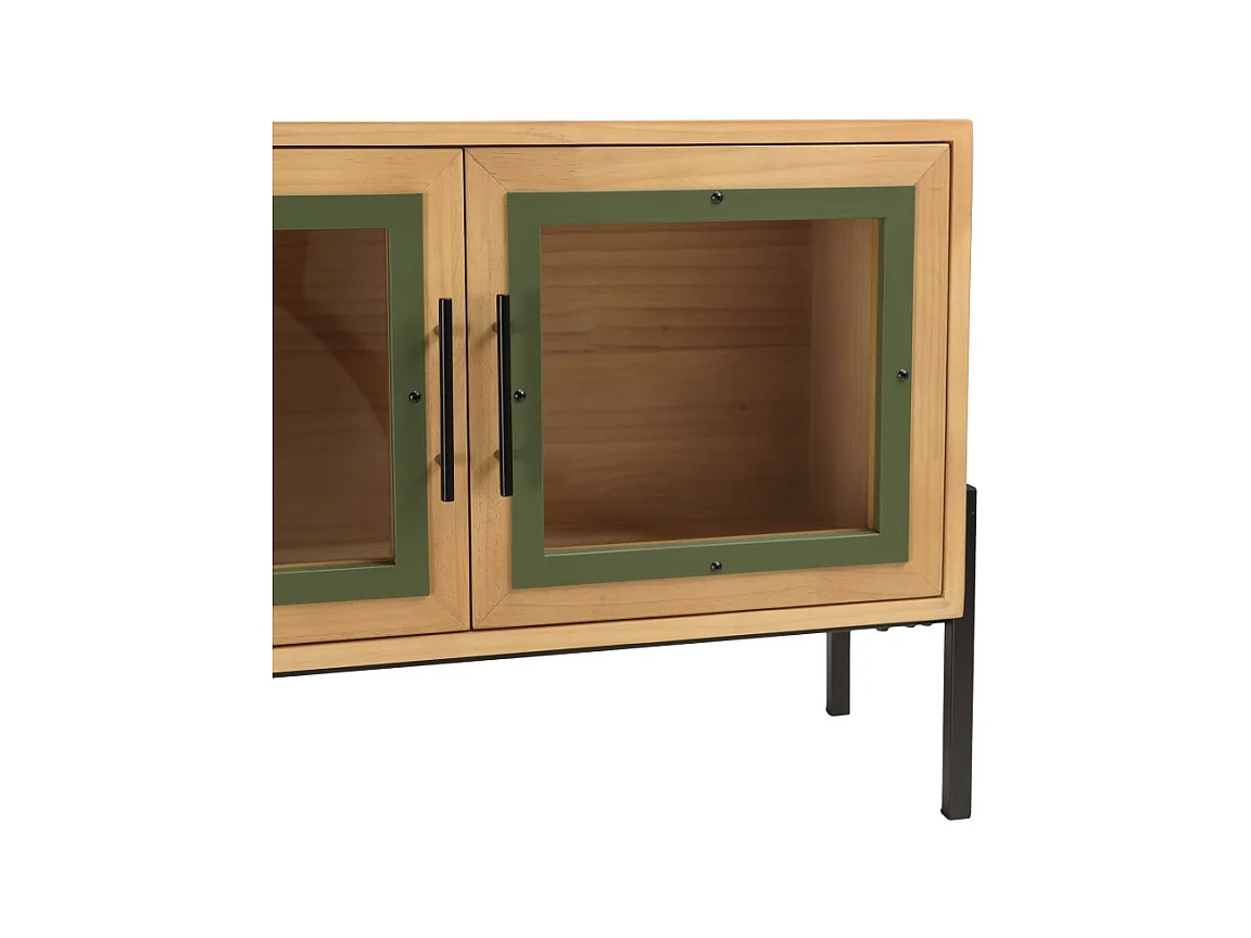 HELENA - Meuble TV 4 portes vitrées en bois de pin vert et métal noir