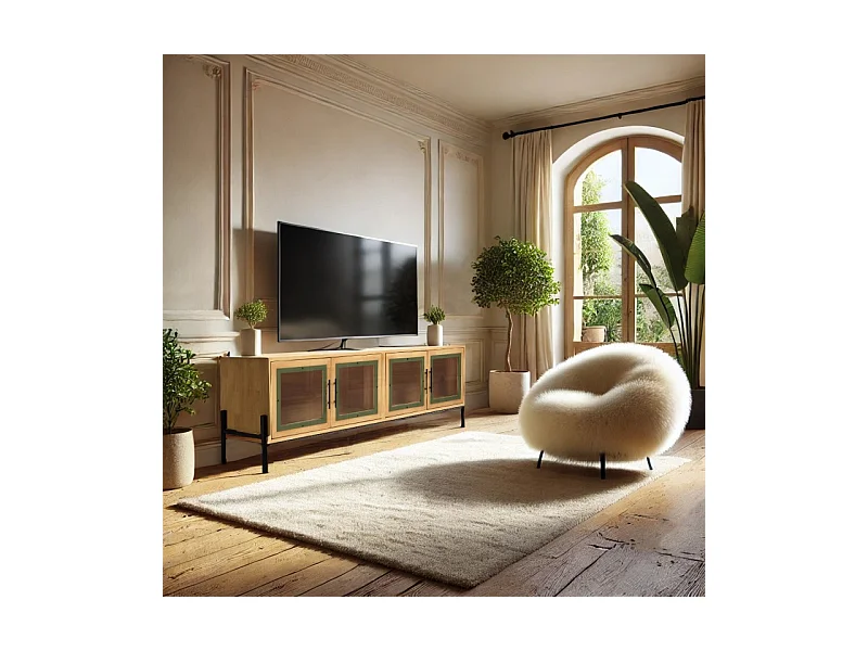 HELENA - Meuble TV 4 portes vitrées en bois de pin vert et métal noir