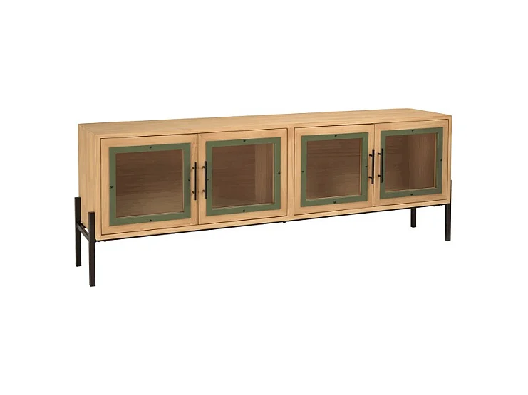 HELENA - Meuble TV 4 portes vitrées en bois de pin vert et métal noir