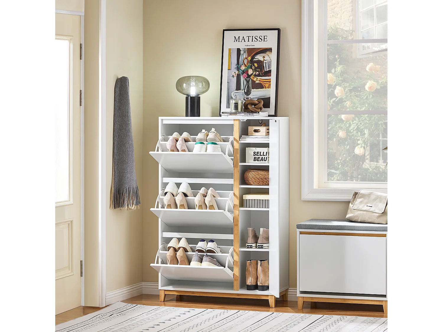 SoBuy Meuble à Chaussures avec 3 Abattants et 1 Porte, Armoire à Chaussures, Commode d'Entrée, Rangement pour Chaussures, FSR189-WN