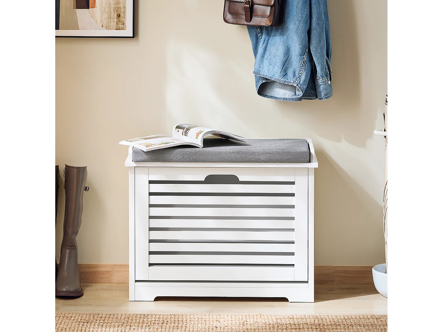 SoBuy Banc Chaussures Rangement Armoire à Chaussures Meuble d'entrée Coffre avec Abattant et Coussin pour Entrée Couloir Chambre Salon Blanc FSR184-K-W