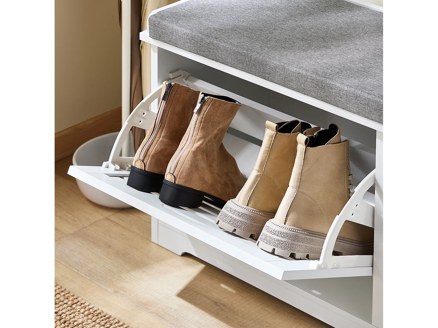 SoBuy Banc Chaussures Rangement Armoire à Chaussures Meuble d'entrée Coffre avec Abattant et Coussin pour Entrée Couloir Chambre Salon Blanc FSR184-K-W