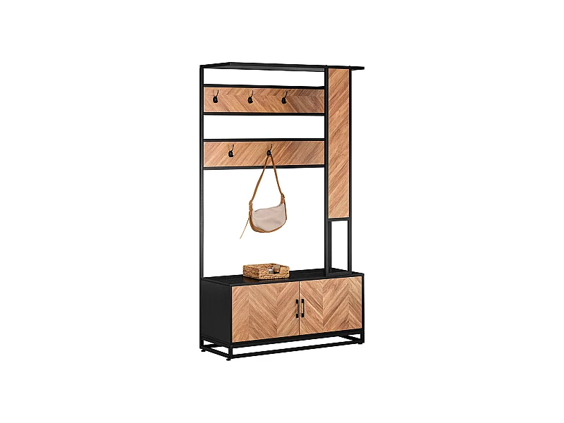 SoBuy Meuble d’Entrée avec Banc, 1 Barre et 5 Crochets, Porte-Manteaux, Vestiaire, Cintre, Couleur Naturel et Noir, L100xP40xH180 cm, FSR194-N