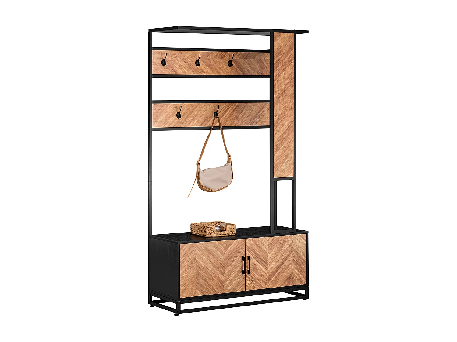 SoBuy Meuble d’Entrée avec Banc, 1 Barre et 5 Crochets, Porte-Manteaux, Vestiaire, Cintre, Couleur Naturel et Noir, L100xP40xH180 cm, FSR194-N