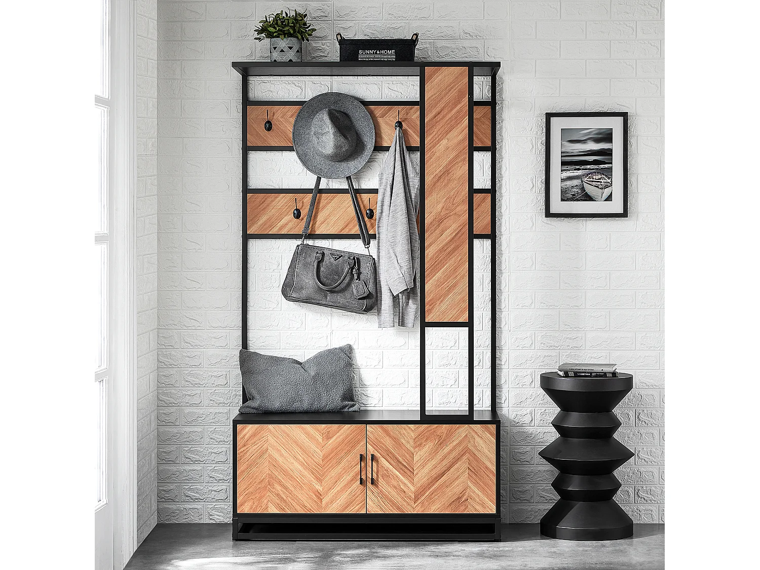 SoBuy Meuble d’Entrée avec Banc, 1 Barre et 5 Crochets, Porte-Manteaux, Vestiaire, Cintre, Couleur Naturel et Noir, L100xP40xH180 cm, FSR194-N