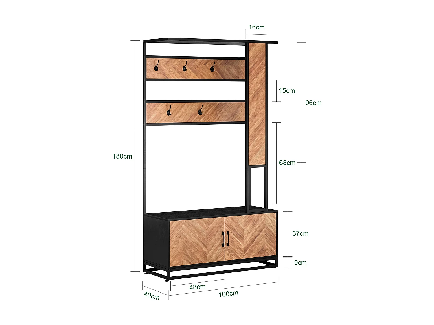 SoBuy Meuble d’Entrée avec Banc, 1 Barre et 5 Crochets, Porte-Manteaux, Vestiaire, Cintre, Couleur Naturel et Noir, L100xP40xH180 cm, FSR194-N