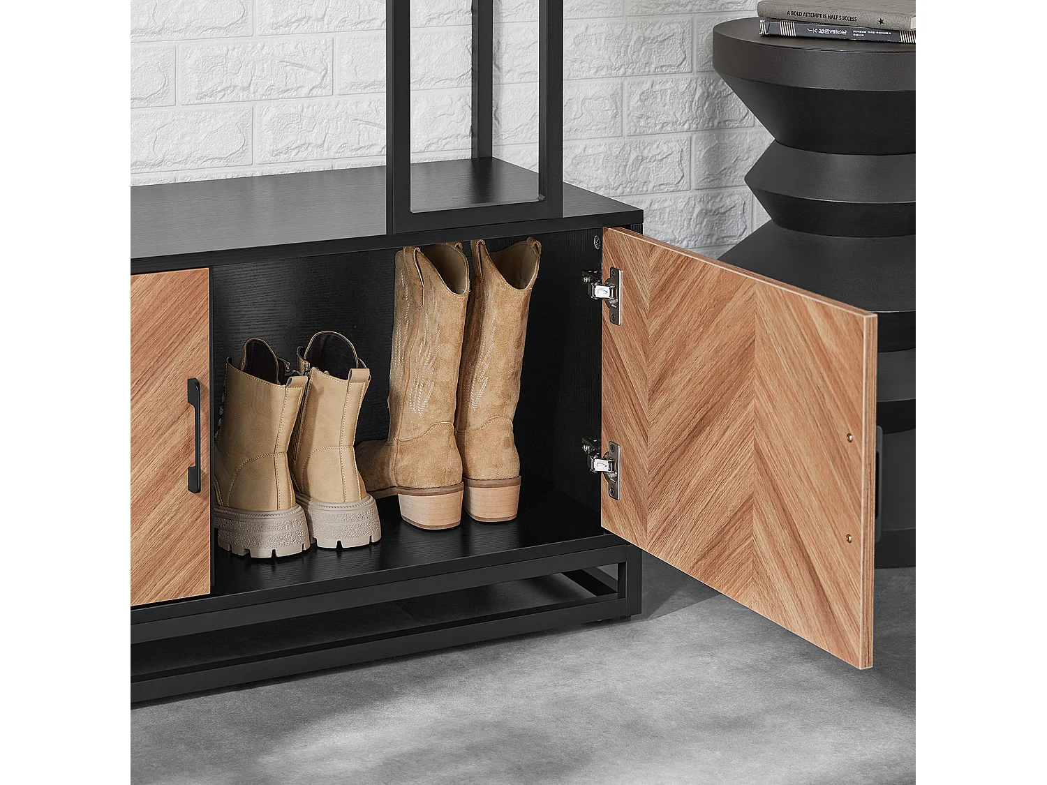 SoBuy Meuble d’Entrée avec Banc, 1 Barre et 5 Crochets, Porte-Manteaux, Vestiaire, Cintre, Couleur Naturel et Noir, L100xP40xH180 cm, FSR194-N