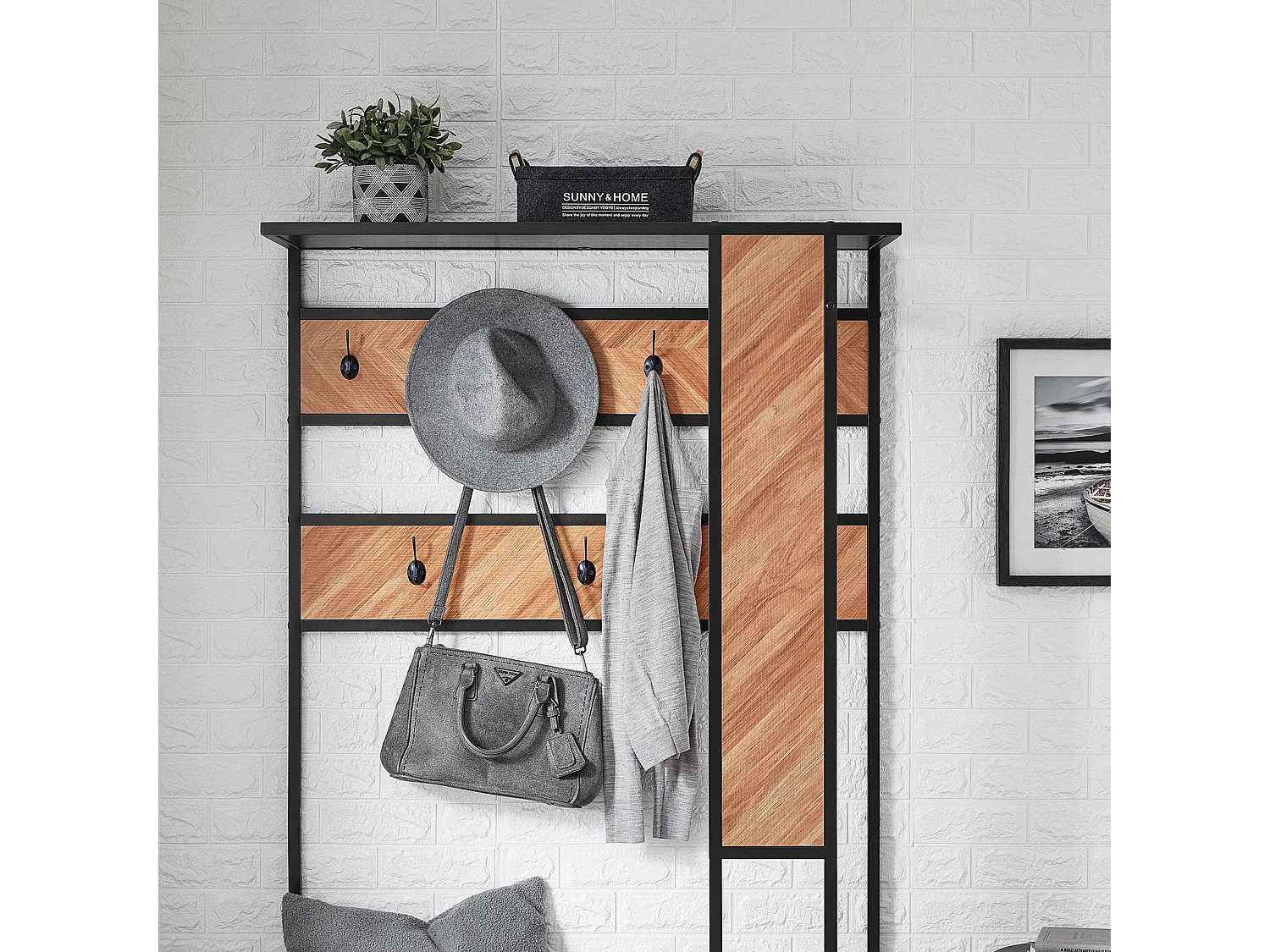 SoBuy Meuble d’Entrée avec Banc, 1 Barre et 5 Crochets, Porte-Manteaux, Vestiaire, Cintre, Couleur Naturel et Noir, L100xP40xH180 cm, FSR194-N